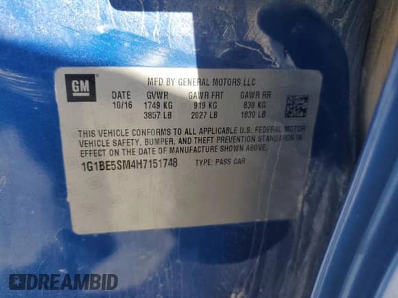 2017 Chevrolet Cruze LT with VIN 1G1BE5SM4H7151748, listed as a Copart auction lot 84393885 with 73,565 mi miles and Clean title. Bid and sale history available at DreamBid. Image 12.