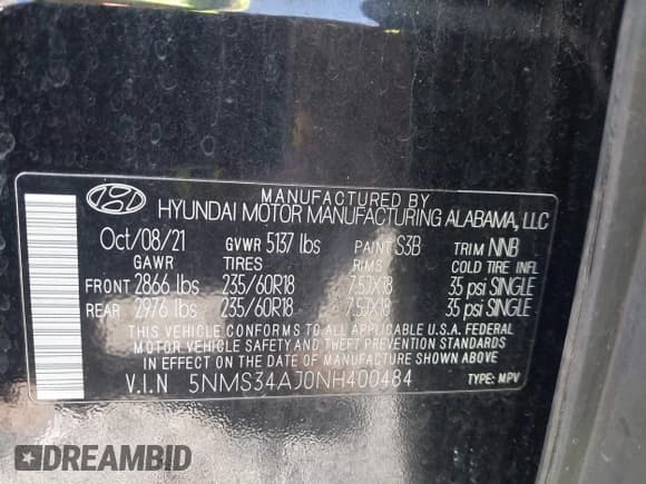 ✅ 2022 Hyundai Santa Fe SEL • VIN: 5NMS34AJ0NH400484 • Lot: 43658792. Listed on IAAI with 120,931 mi. Free auction sales archive from the USA and detailed vehicle history report at DreamBid. Image 9.