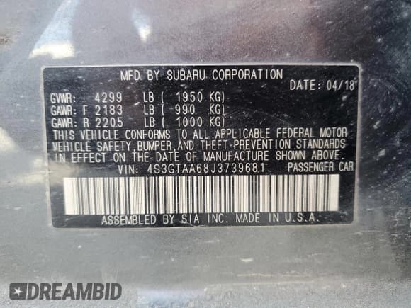 ✅ 2018 Subaru Impreza • VIN: 4S3GTAA68J3739681 • Lot: 80309195. Listed on Copart with 105,041 mi. Free auction sales archive from the USA and detailed vehicle history report at DreamBid. Image 13.