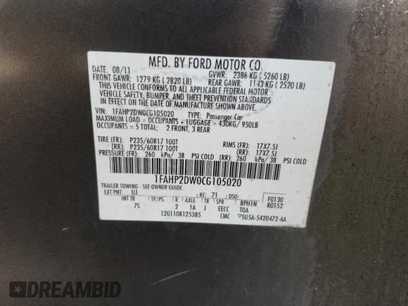 ✅ 2012 Ford Taurus SE • VIN: 1FAHP2DW0CG105020 • Lot: 70853195. Listed on Copart with Not provided. Free auction sales archive from the USA and detailed vehicle history report at DreamBid. Image 12.