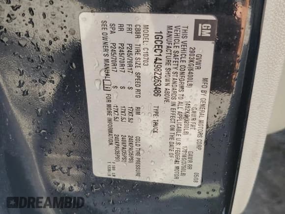 ✅ 2008 Chevrolet Silverado 1500 • VIN: 1GCEC14J98Z263486 • Лот: 72216624. Опубликован ранее на Copart с пробегом 184 732 миль. Бесплатный доступ к архиву аукционных продаж из США и подробный отчёт об истории автомобиля на DreamBid. Изображение 12.