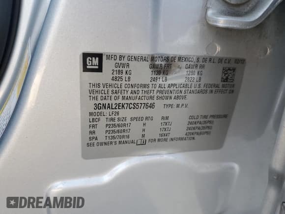 ✅ 2012 Chevrolet Captiva Sport LS • VIN: 3GNAL2EK7CS577646 • Лот: 46710355. Опубликован ранее на Copart с пробегом 116 423 миль. Бесплатный доступ к архиву аукционных продаж из США и подробный отчёт об истории автомобиля на DreamBid. Изображение 13.