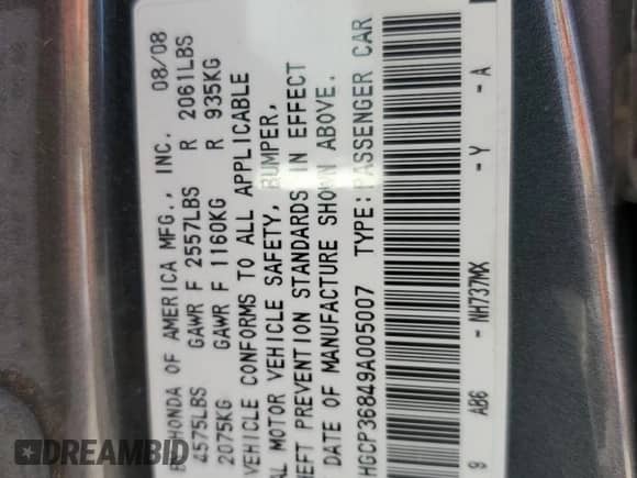 2009 Honda Accord EX-L z VIN 1HGCP36849A005007, wystawiony jako Copart lot #59710165 z przebiegiem 267 830 mil mil oraz Szkoda całkowita • Salvage title. Historia ofert i sprzedaży dostępna na DreamBid. Obrazek 12.