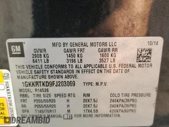 ✅ 2015 GMC Acadia Denali • VIN: 1GKKRTKD9FJ203069 • Lot: 80917925. Listed on Copart with 198,286 mi. Free auction sales archive from the USA and detailed vehicle history report at DreamBid. Image 13.