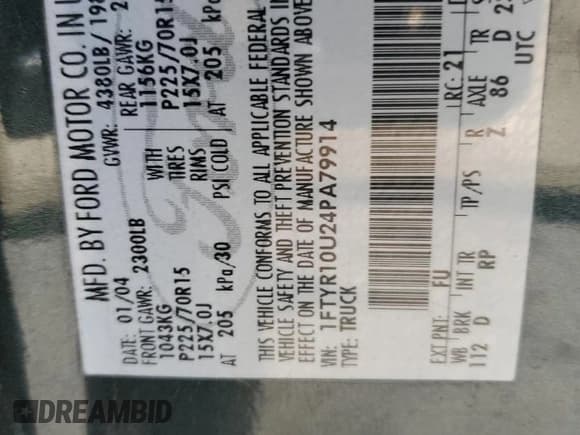 ✅ 2004 Ford Ranger XL • VIN: 1FTYR10U24PA79914 • Lot: 91744915. Wystawiony na Copart z przebiegiem 112 172 mil. Bezpłatny archiwum sprzedaży aukcyjnych z USA i szczegółowy raport historii pojazdu na DreamBid. Zdjęcie 12.