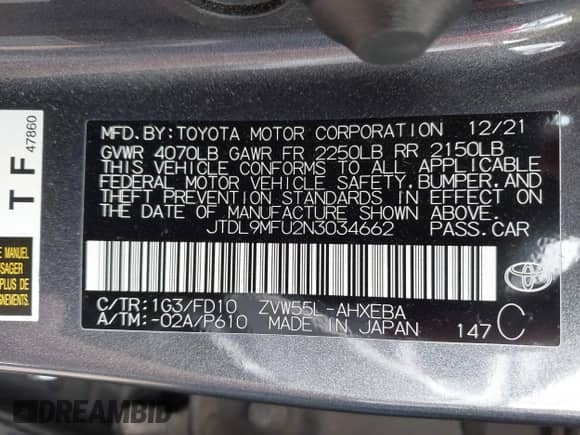 2022 Toyota Prius LE with VIN JTDL9MFU2N3034662, listed as a IAAI auction lot 42706682 with 79,255 mi miles and . Bid and sale history available at DreamBid. Image 9.