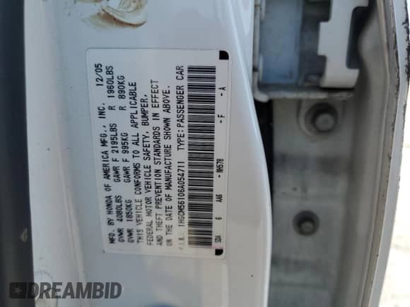 2006 Honda Accord VP with VIN 1HGCM56106A054711, listed as a Copart auction lot 69389845 with Not provided miles and Salvage title. Bid and sale history available at DreamBid. Image 12.