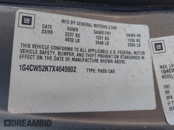 ✅ 1999 Buick Park Avenue • VIN: 1G4CW52K7X4645802 • Лот: 42421941. Опубликован ранее на IAAI с пробегом 123 972 миль. Бесплатный доступ к архиву аукционных продаж из США и подробный отчёт об истории автомобиля на DreamBid. Изображение 9.