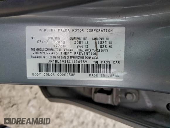 ✅ 2012 Mazda 3 i Touring • VIN: JM1BL1V88C1626589 • Lot: 95188965. Listed on Copart with 185,289 mi. Free auction sales archive from the USA and detailed vehicle history report at DreamBid. Image 12.