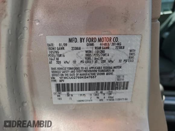 ✅ 2009 Ford Escape XLS • VIN: 1FMCU02769KB47657 • Лот: 65520145. Опубликован ранее на Copart с пробегом 267 260 миль. Бесплатный доступ к архиву аукционных продаж из США и подробный отчёт об истории автомобиля на DreamBid. Изображение 13.