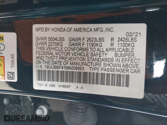 ✅ 2021 Acura TLX Technology • VIN: 19UUB6F41MA008893 • Lot: 43114509. Listed on IAAI with 69,574 mi. Free auction sales archive from the USA and detailed vehicle history report at DreamBid. Image 9.