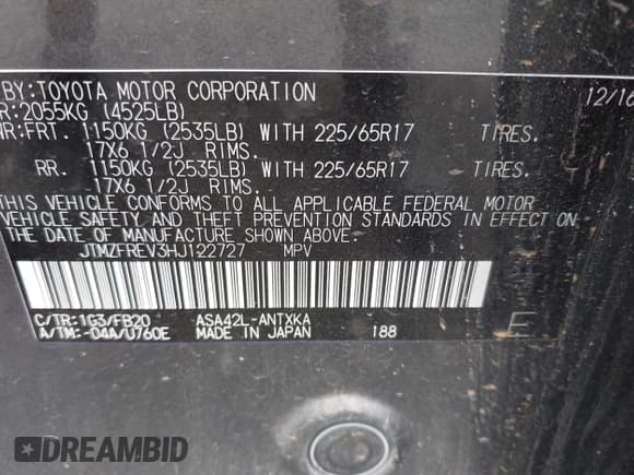 ✅ 2017 Toyota RAV4 LE • VIN: JTMZFREV3HJ122727 • Lot: 42492530. Listed on IAAI with 120,529 mi. Free auction sales archive from the USA and detailed vehicle history report at DreamBid. Image 9.