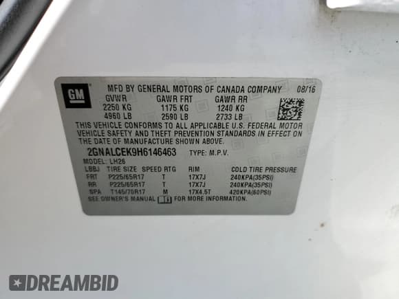 ✅ 2017 Chevrolet Equinox LT • VIN: 2GNALCEK9H6146463 • Лот: 70509384. Опубликован ранее на Copart с пробегом 156 341 миль. Бесплатный доступ к архиву аукционных продаж из США и подробный отчёт об истории автомобиля на DreamBid. Изображение 13.