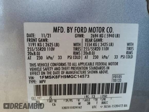 2021 Ford Explorer Limited with VIN 1FMSK8FH9MGC14573, listed as a Copart auction lot 80588935 with Not provided miles and Salvage title. Bid and sale history available at DreamBid. Image 13.