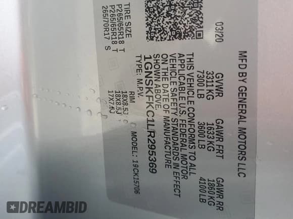 ✅ 2020 Chevrolet Tahoe Commercial • VIN: 1GNSKFKC1LR295369 • Лот: 91446435. Опубликован ранее на Copart с пробегом 97 202 миль. Бесплатный доступ к архиву аукционных продаж из США и подробный отчёт об истории автомобиля на DreamBid. Изображение 13.