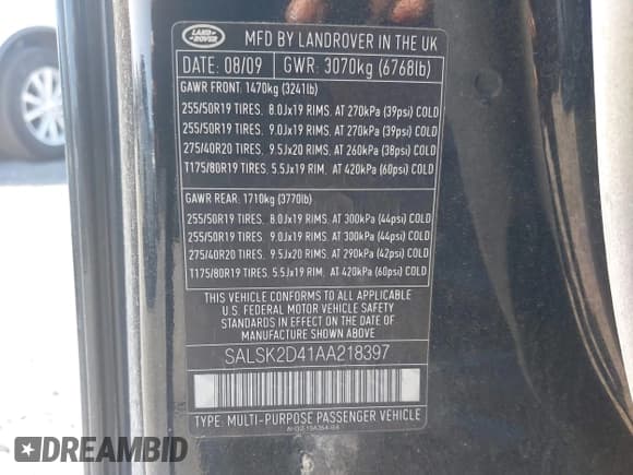 ✅ 2010 Land Rover Range Rover Sport HSE Lux • VIN: SALSK2D41AA218397 • Lot: 42457889. Listed on IAAI with 205,307 mi. Free auction sales archive from the USA and detailed vehicle history report at DreamBid. Image 9.