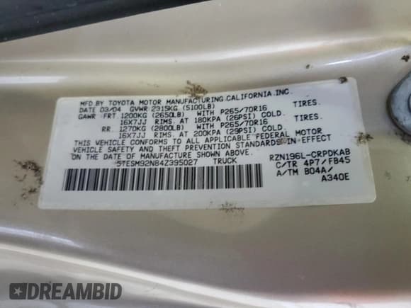 ✅ 2004 Toyota Tacoma PreRunner • VIN: 5TESM92N84Z395027 • Lot: 48431895. Wystawiony na Copart z przebiegiem Nie podano. Bezpłatny archiwum sprzedaży aukcyjnych z USA i szczegółowy raport historii pojazdu na DreamBid. Zdjęcie 13.