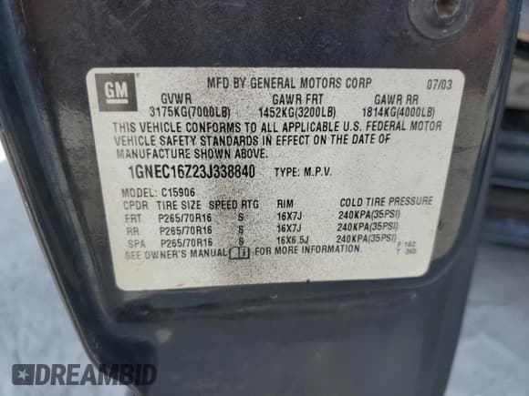 ✅ 2003 Chevrolet Suburban LT • VIN: 1GNEC16Z23J338840 • Лот: 59962715. Опубликован ранее на Copart с пробегом 264 250 миль. Бесплатный доступ к архиву аукционных продаж из США и подробный отчёт об истории автомобиля на DreamBid. Изображение 13.