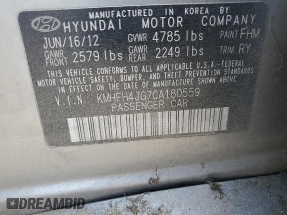 ✅ 2012 Hyundai Azera • VIN: KMHFH4JG7CA180559 • Лот: 68210095. Опубликован ранее на Copart с пробегом Не указан. Бесплатный доступ к архиву аукционных продаж из США и подробный отчёт об истории автомобиля на DreamBid. Изображение 12.