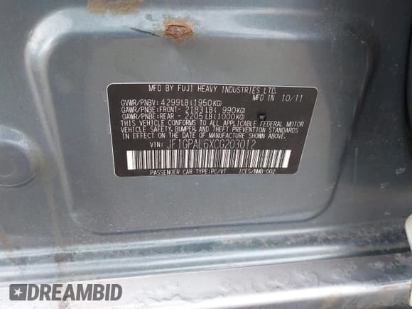 ✅ 2012 Subaru Impreza Special Sports Premium • VIN: JF1GPAL6XCG203012 • Lot: 42771662. Listed on IAAI with 188,587 mi. Free auction sales archive from the USA and detailed vehicle history report at DreamBid. Image 9.