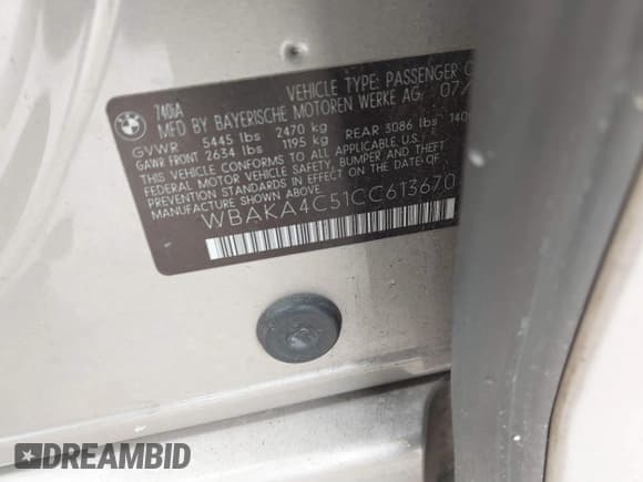 ✅ 2012 BMW 7 Series 740i • VIN: WBAKA4C51CC613670 • Lot: 41582639. Listed on IAAI with 149,753 mi. Free auction sales archive from the USA and detailed vehicle history report at DreamBid. Image 9.