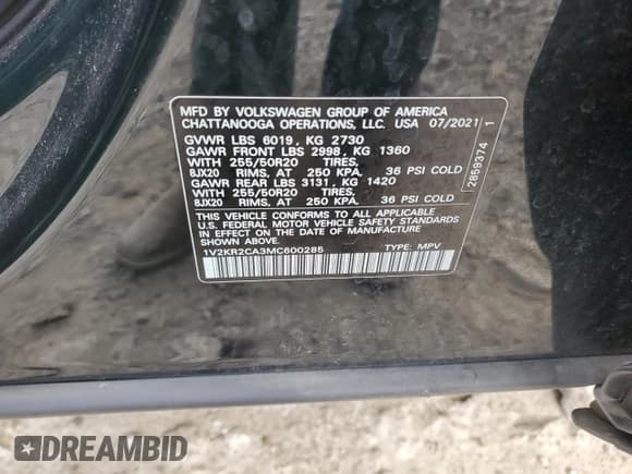 ✅ 2021 Volkswagen Atlas SE • VIN: 1V2KR2CA3MC600285 • Lot: 89612565. Listed on Copart with 156,239 mi. Free auction sales archive from the USA and detailed vehicle history report at DreamBid. Image 12.