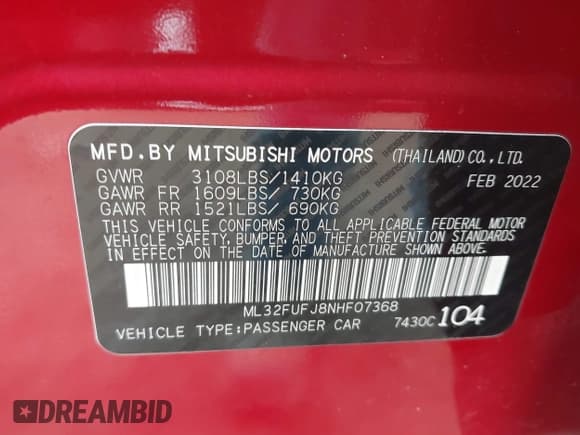 ✅ 2022 Mitsubishi Mirage ES • VIN: ML32FUFJ8NHF07368 • Lot: 41627957. Listed on IAAI with 43,836 mi. Free auction sales archive from the USA and detailed vehicle history report at DreamBid. Image 9.
