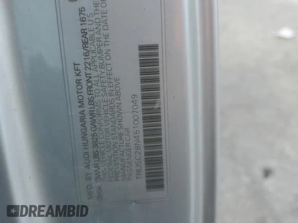 ✅ 2005 Audi TT • VIN: TRUSC28N451007049 • Lot: 56749985. Wystawiony na Copart z przebiegiem 84 010 mil. Bezpłatny archiwum sprzedaży aukcyjnych z USA i szczegółowy raport historii pojazdu na DreamBid. Zdjęcie 12.