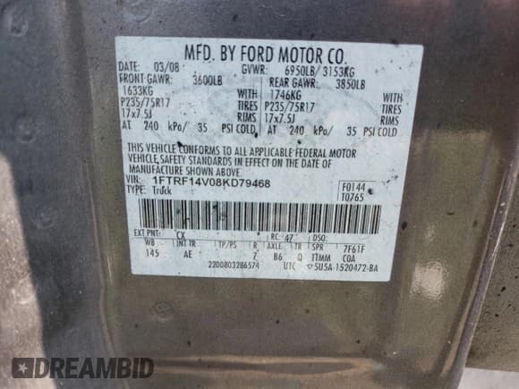 ✅ 2008 Ford F-150 XL • VIN: 1FTRF14V08KD79468 • Lot: 64809654. Wystawiony na Copart z przebiegiem 146 005 mil. Bezpłatny archiwum sprzedaży aukcyjnych z USA i szczegółowy raport historii pojazdu na DreamBid. Zdjęcie 12.