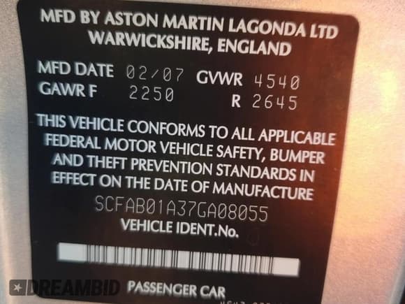 ✅ 2007 Aston Martin DB9 • VIN: SCFAB01A37GA08055 • Lot: 82733743. Wystawiony na Copart z przebiegiem 39 201 mil. Bezpłatny archiwum sprzedaży aukcyjnych z USA i szczegółowy raport historii pojazdu na DreamBid. Zdjęcie 13.