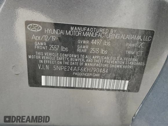 ✅ 2019 Hyundai Sonata SE • VIN: 5NPE24AF6KH790484 • Лот: 84831045. Опубликован ранее на Copart с пробегом 82 041 миль. Бесплатный доступ к архиву аукционных продаж из США и подробный отчёт об истории автомобиля на DreamBid. Изображение 12.