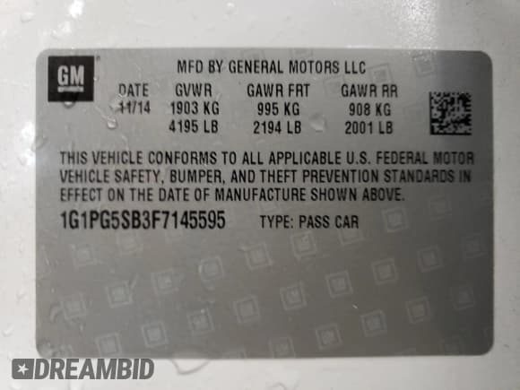 ✅ 2015 Chevrolet Cruze LTZ • VIN: 1G1PG5SB3F7145595 • Lot: 49890652. Listed on Copart with Not provided. Free auction sales archive from the USA and detailed vehicle history report at DreamBid. Image 10.