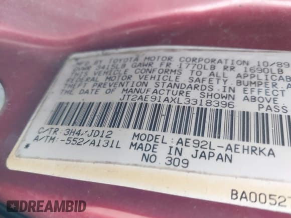 ✅ 1990 Toyota Corolla • VIN: JT2AE91AXL3318396 • Lot: 42186060. Listed on IAAI with 128,403 mi. Free auction sales archive from the USA and detailed vehicle history report at DreamBid. Image 9.