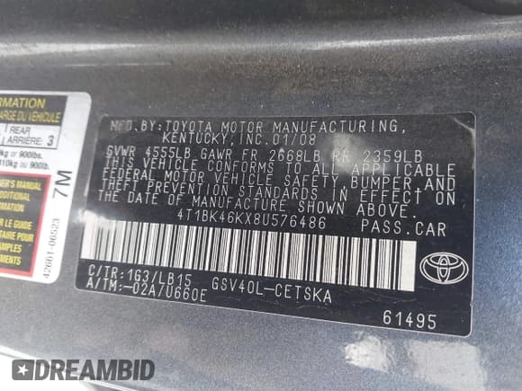 ✅ 2008 Toyota Camry LE • VIN: 4T1BK46KX8U576486 • Lot: 42953911. Listed on IAAI with 282,343 mi. Free auction sales archive from the USA and detailed vehicle history report at DreamBid. Image 9.