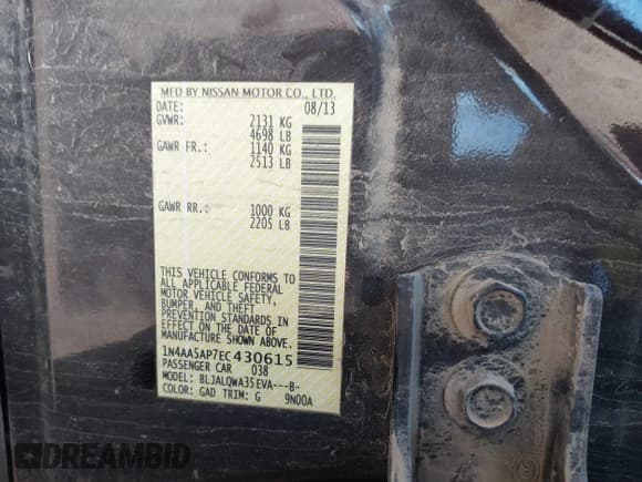 ✅ 2014 Nissan Maxima SV • VIN: 1N4AA5AP7EC430615 • Lot: 40795325. Listed on IAAI with 235,160 mi. Free auction sales archive from the USA and detailed vehicle history report at DreamBid. Image 9.