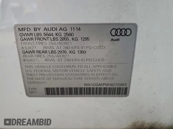 ✅ 2015 Audi SQ5 Premium Plus • VIN: WA1CGAFP5FA072683 • Lot: 95182225. Listed on Copart with 106,775 mi. Free auction sales archive from the USA and detailed vehicle history report at DreamBid. Image 13.