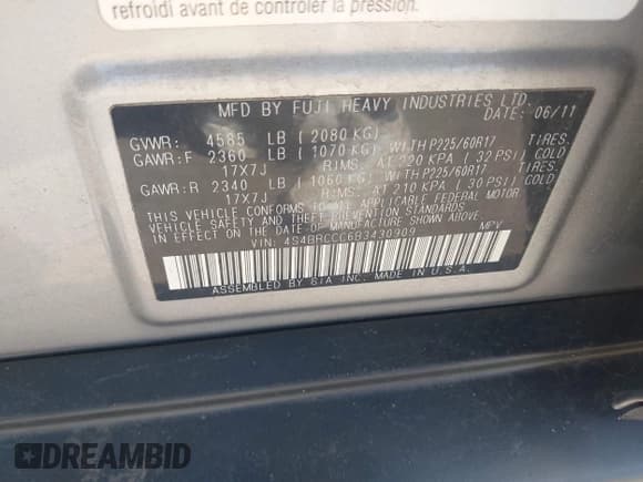 ✅ 2011 Subaru Outback Premium • VIN: 4S4BRCCC6B3430909 • Lot: 43088204. Wystawiony na IAAI z przebiegiem 163 141 mil. Bezpłatny archiwum sprzedaży aukcyjnych z USA i szczegółowy raport historii pojazdu na DreamBid. Zdjęcie 9.