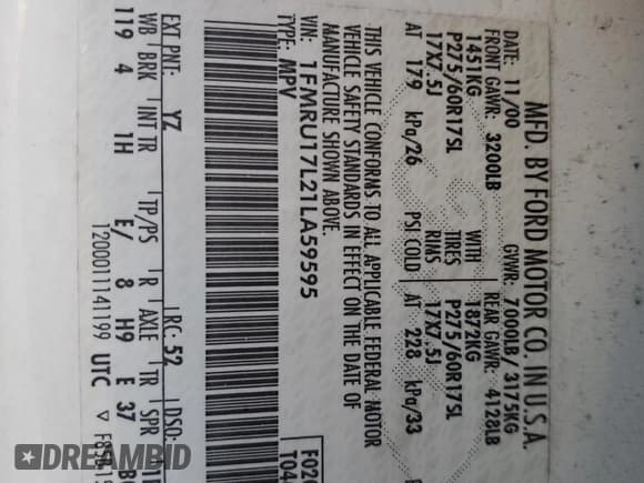 ✅ 2001 Ford Expedition Eddie Bauer • VIN: 1FMRU17L21LA59595 • Lot: 43189475. Listed on Copart with 246,944 mi. Free auction sales archive from the USA and detailed vehicle history report at DreamBid. Image 13.