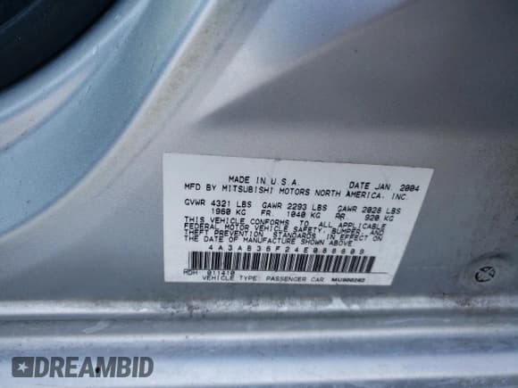 ✅ 2004 Mitsubishi Galant ES • VIN: 4A3AB36F24E088809 • Lot: 43019155. Listed on Copart with 79,458 mi. Free auction sales archive from the USA and detailed vehicle history report at DreamBid. Image 12.