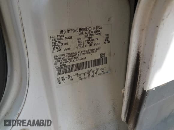 ✅ 2001 Ford F-150 XLT • VIN: 1FTRW08LX1KA41925 • Лот: 43284658. Опубликован ранее на IAAI с пробегом 188 080 миль. Бесплатный доступ к архиву аукционных продаж из США и подробный отчёт об истории автомобиля на DreamBid. Изображение 9.