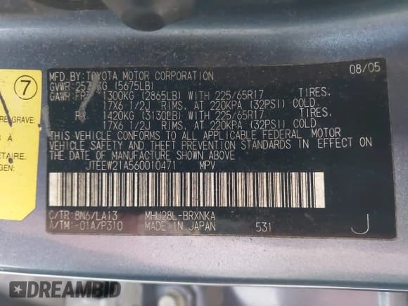 ✅ 2006 Toyota Highlander • VIN: JTEEW21A560010471 • Lot: 42914335. Listed on IAAI with 181,320 mi. Free auction sales archive from the USA and detailed vehicle history report at DreamBid. Image 9.