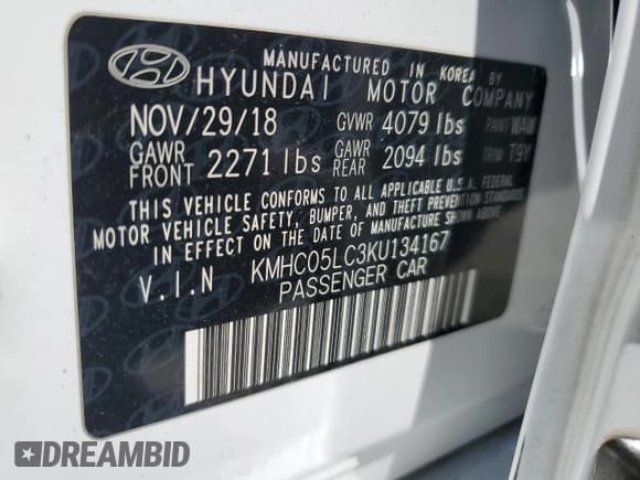 ✅ 2019 Hyundai Ioniq Limited • VIN: KMHC05LC3KU134167 • Lot: 63987485. Listed on Copart with 124,749 mi. Free auction sales archive from the USA and detailed vehicle history report at DreamBid. Image 13.