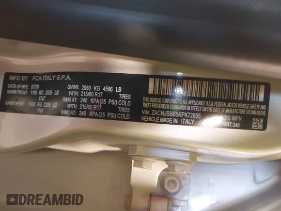 ✅ 2019 Jeep Renegade Altitude • VIN: ZACNJBBB5KPK72955 • Lot: 43535715. Listed on IAAI with 60,377 mi. Free auction sales archive from the USA and detailed vehicle history report at DreamBid. Image 9.