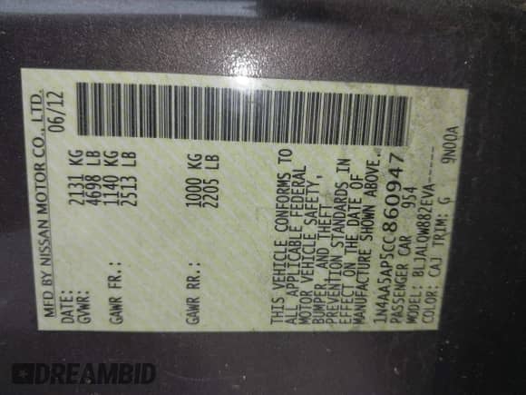 2012 Nissan Maxima S z VIN 1N4AA5AP5CC860947, wystawiony jako IAAI lot #42496871 z przebiegiem Nie podano mil oraz . Historia ofert i sprzedaży dostępna na DreamBid. Obrazek 9.