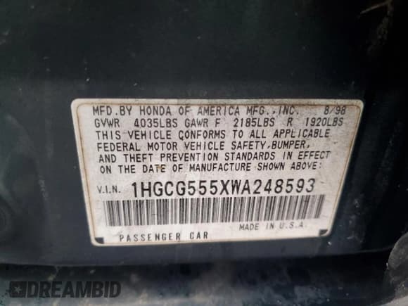 ✅ 1998 Honda Accord EX • VIN: 1HGCG555XWA248593 • Лот: 90490495. Опубликован ранее на Copart с пробегом Не указан. Бесплатный доступ к архиву аукционных продаж из США и подробный отчёт об истории автомобиля на DreamBid. Изображение 12.