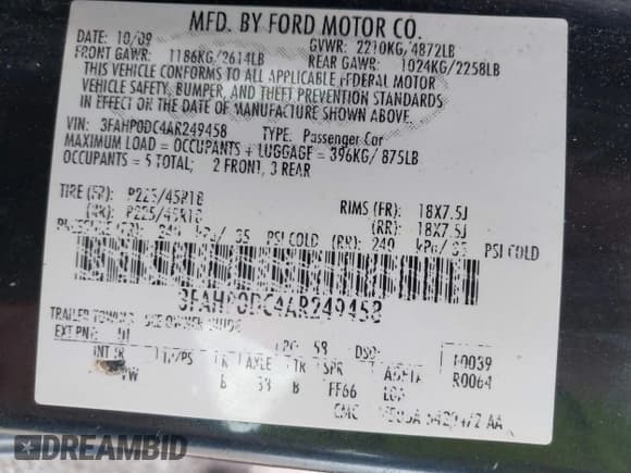 ✅ 2010 Ford Fusion SPORT • VIN: 3FAHP0DC4AR249458 • Lot: 42659005. Listed on IAAI with 128,478 mi. Free auction sales archive from the USA and detailed vehicle history report at DreamBid. Image 9.