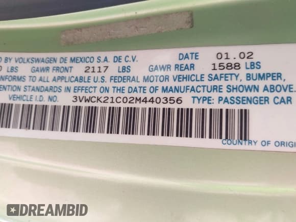 ✅ 2002 Volkswagen Beetle GLS • VIN: 3VWCK21C02M440356 • Lot: 42323403. Listed on IAAI with 204,146 mi. Free auction sales archive from the USA and detailed vehicle history report at DreamBid. Image 9.