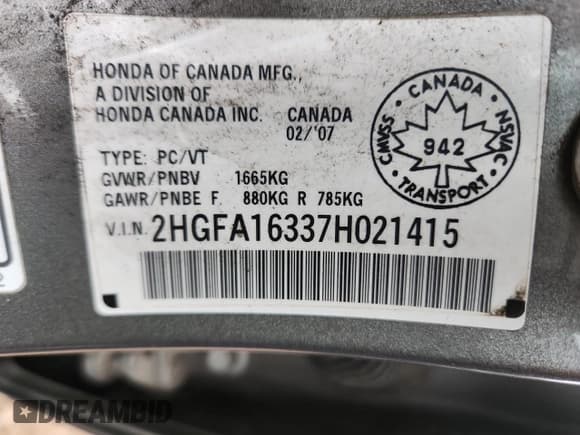 ✅ 2007 Honda Civic DX-G • VIN: 2HGFA16337H021415 • Лот: 93128315. Опубликован ранее на Copart с пробегом 303 793 миль. Бесплатный доступ к архиву аукционных продаж из США и подробный отчёт об истории автомобиля на DreamBid. Изображение 13.