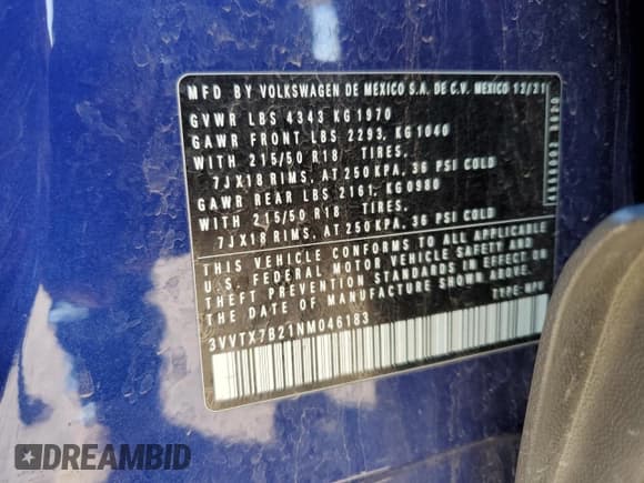 ✅ 2022 Volkswagen Taos SE • VIN: 3VVTX7B21NM046183 • Lot: 48811375. Listed on Copart with 42,102 mi. Free auction sales archive from the USA and detailed vehicle history report at DreamBid. Image 16.