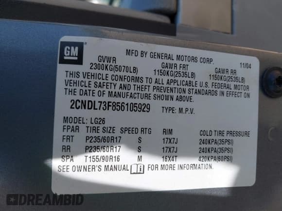 ✅ 2005 Chevrolet Equinox LT • VIN: 2CNDL73F856105929 • Лот: 42216845. Опубликован ранее на IAAI с пробегом 180 544 миль. Бесплатный доступ к архиву аукционных продаж из США и подробный отчёт об истории автомобиля на DreamBid. Изображение 9.